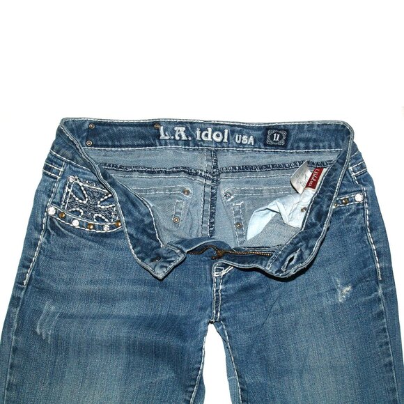 L.A. Idol USA - Iron Cross on Back Pocket - Distressed Patched Denim Jeans 32X32 - Picture 5 of 13